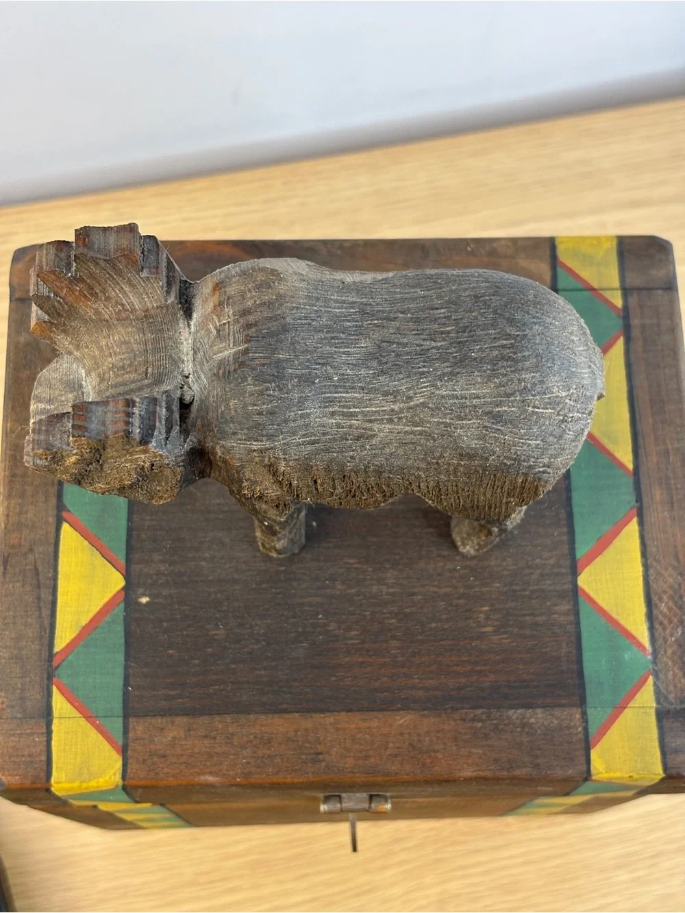 1993 Lloyd-Mann Wooden Moose Top Trinket Box‎ with Painted Geometric Trim